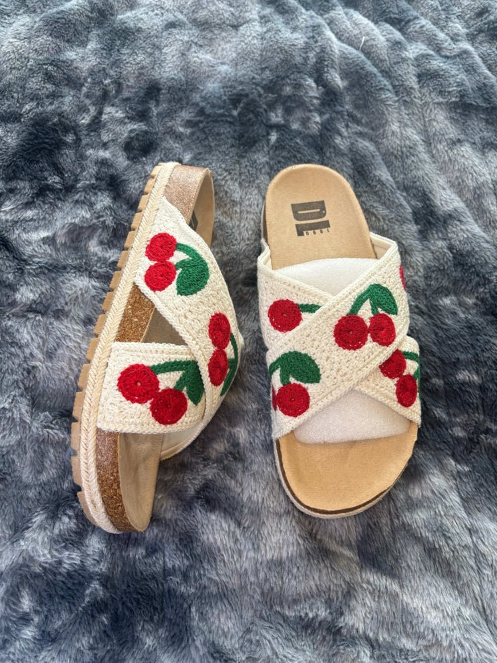 Dirty Laundry Cream Slide Sandals with Red Cherry Embroidery - Picture 7 of 8